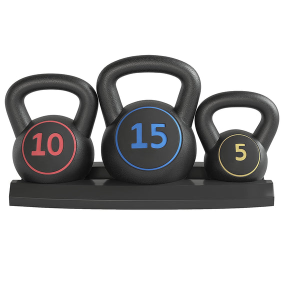 3-Piece Kettlebell Exercise Fitness Weight Set 5lb 10lb 15lb Weights For Home Exercise, Black (US Stock)