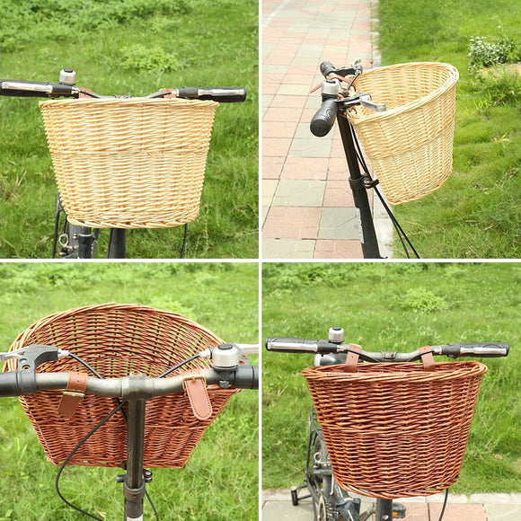 Vintage Rattan Bike Front Basket Bicycle Wicker Hand Woven Handlebar Cargo Storage Container Carrier Pannier Bag