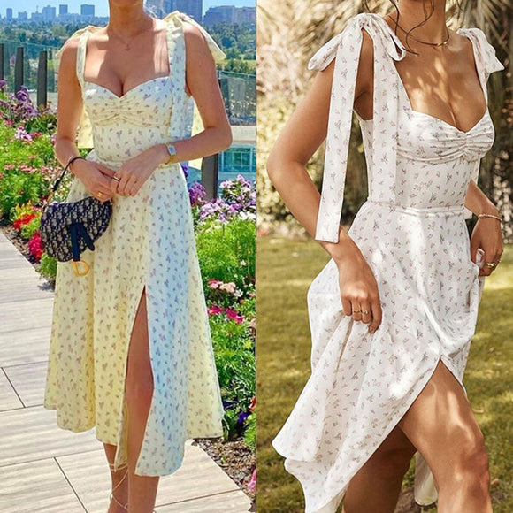 Summer Spring Floral Dress Women Sexy Casual Fashion Clothing 2022 Long Slip Cotton Pleated With Slit White Yellow Lace-up