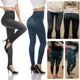 High Waist Faux Denim Print Leggings Women Sexy Skinny Pencil Pants Tummy Control Seamless Shapewear Trousers No Pocket
