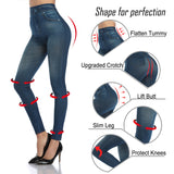 High Waist Faux Denim Print Leggings Women Sexy Skinny Pencil Pants Tummy Control Seamless Shapewear Trousers No Pocket